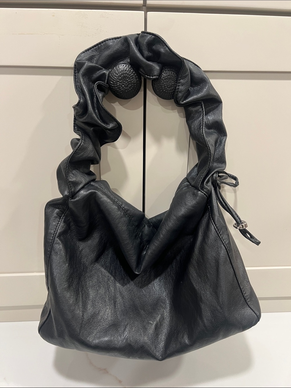 Soft Black Leather Shoulder Bag with Gathered Handle